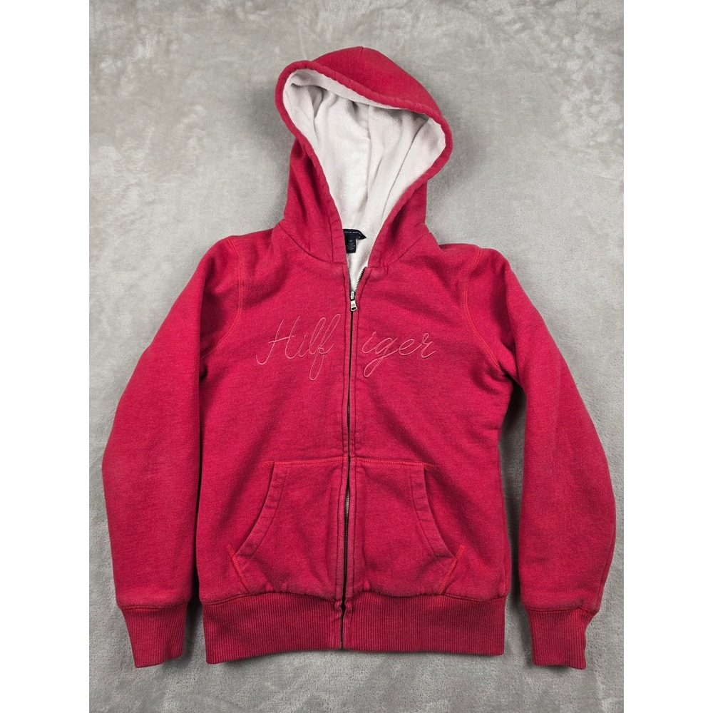 Tommy Hilfiger Full Zip Hoodie Womens Small Red Faux Fur Lined Script Logo